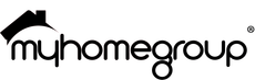 Myhomegroup logo with black house icon and lowercase text on white background