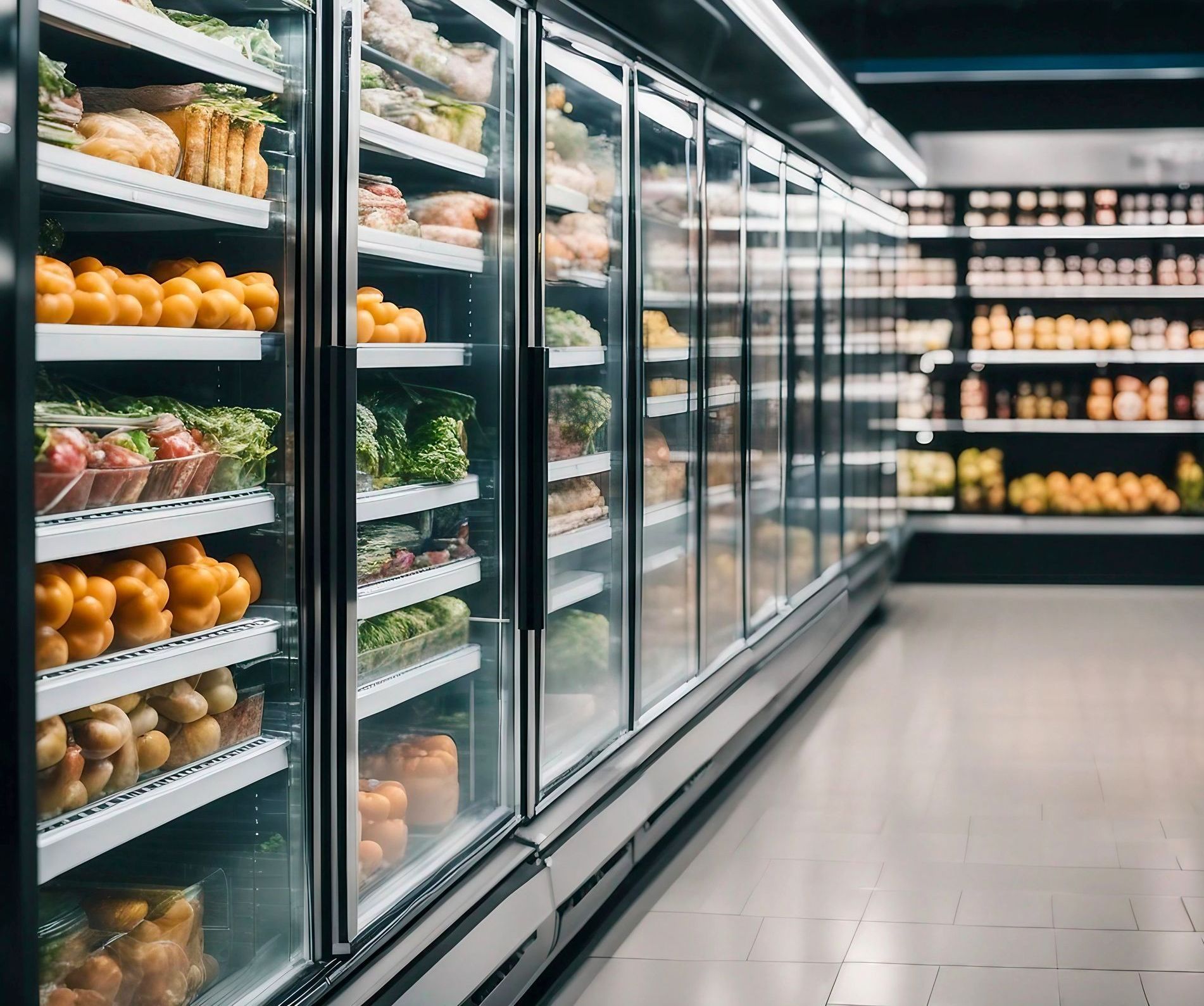 Rayon réfrigéré d'un magasin d'alimentation, avec portes vitrées, garni de fruits et légumes. Rangées d'étagères.