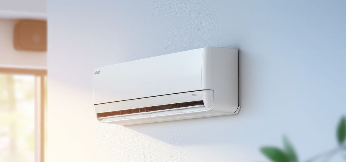 Climatiseur blanc fixé sur un mur bleu clair, en fonctionnement. Vue intérieure.