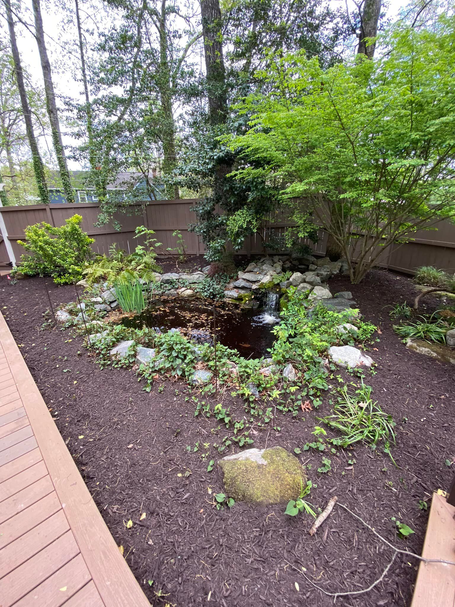 There is a pond in the middle of the garden surrounded by trees.
