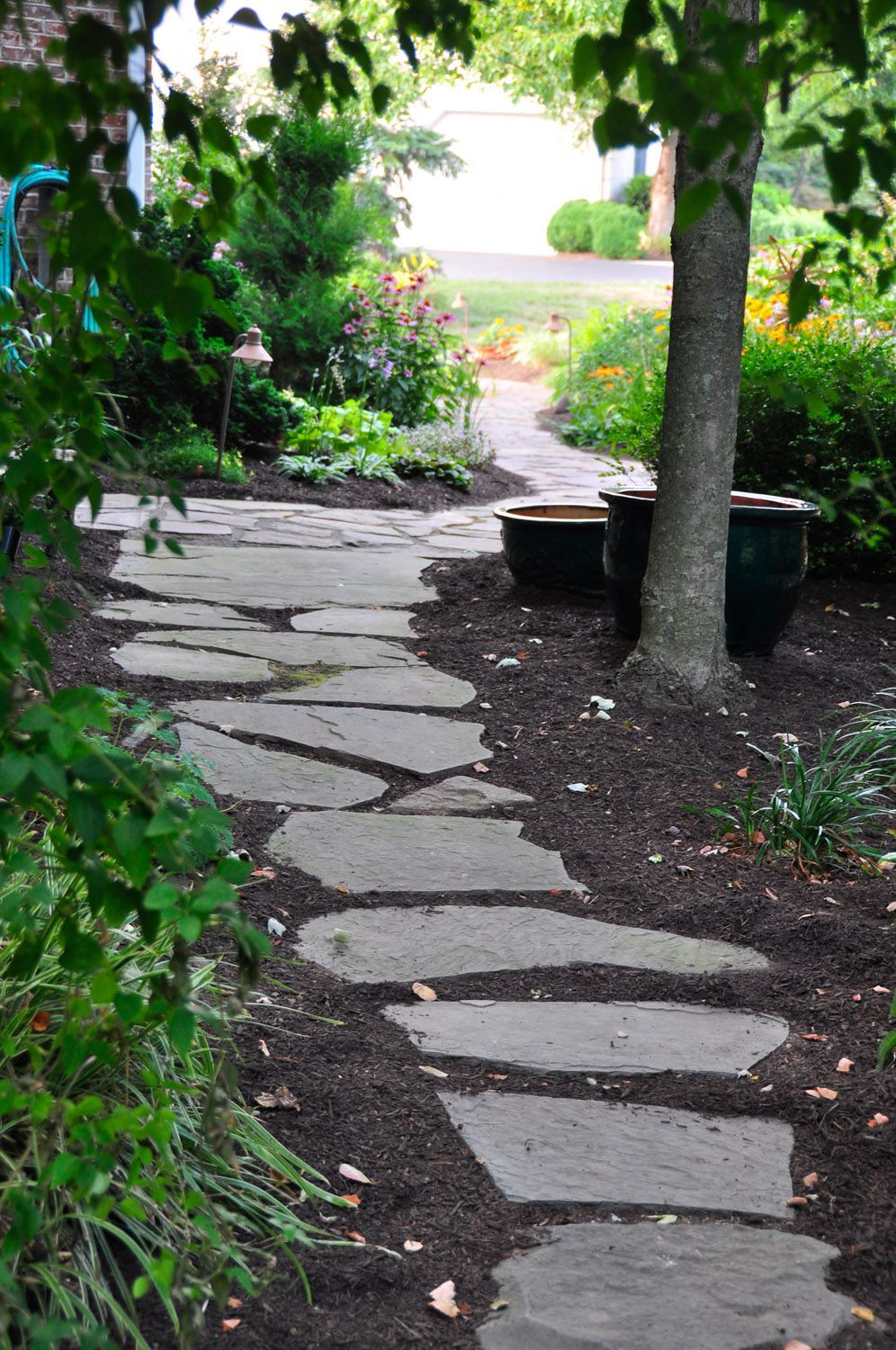 A stone walkway is surrounded by trees and bushes