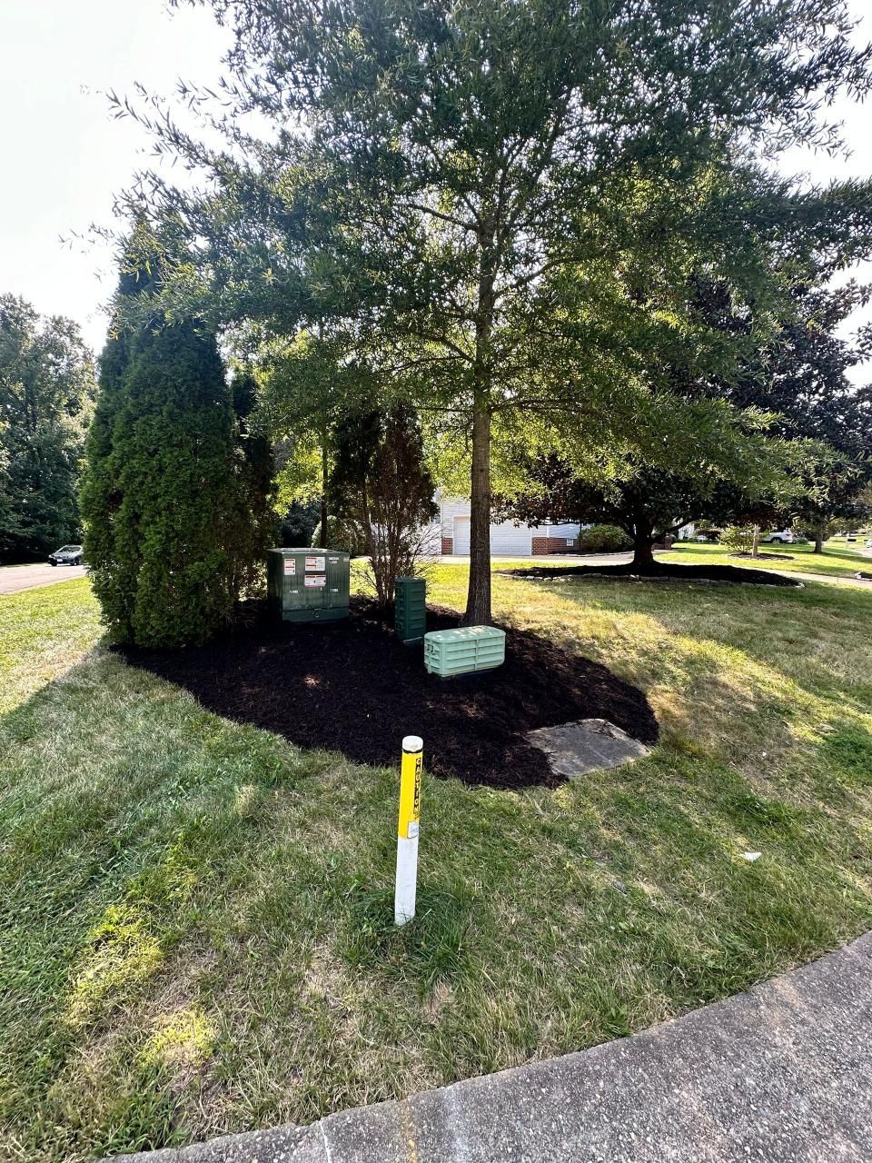 A lawn with trees and a yellow pole in the middle