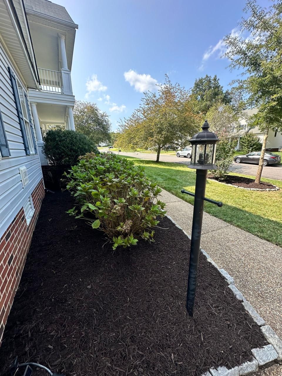 There is a lamp post in the middle of a garden next to a house.