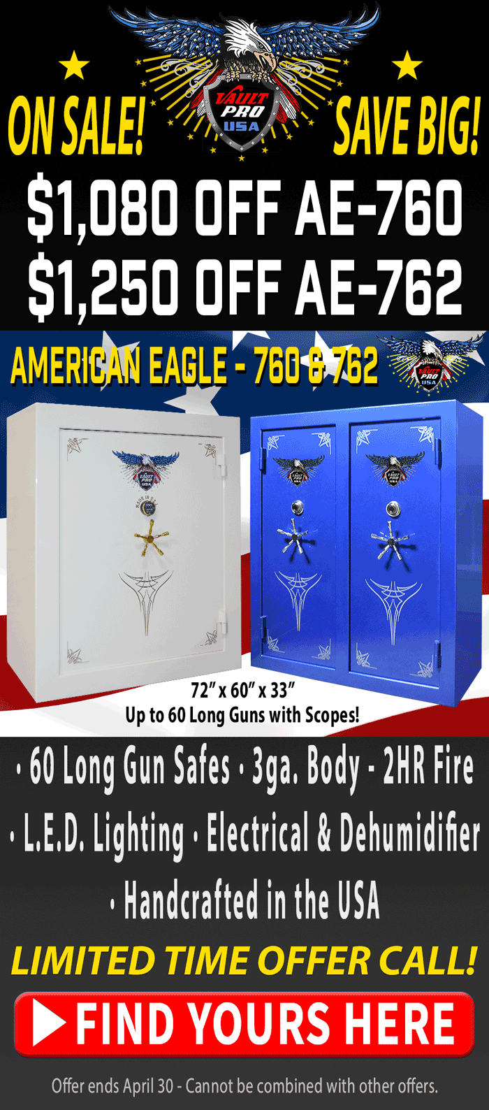 American made safes on sale. Special promotion. Free LED Lighting, Electrical and Jewelry Drawer factory installed. Safes made by Vault Pro USA