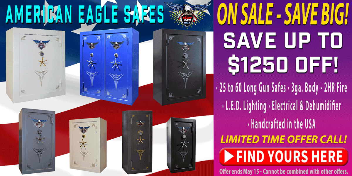 Advertisement for small to large capacity American made gun safes on sale by Vault Pro USA