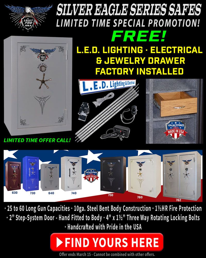 American made safes on sale. Special promotion. Free LED Lighting, Electrical and Jewelry Drawer factory installed. Safes made by Vault Pro USA