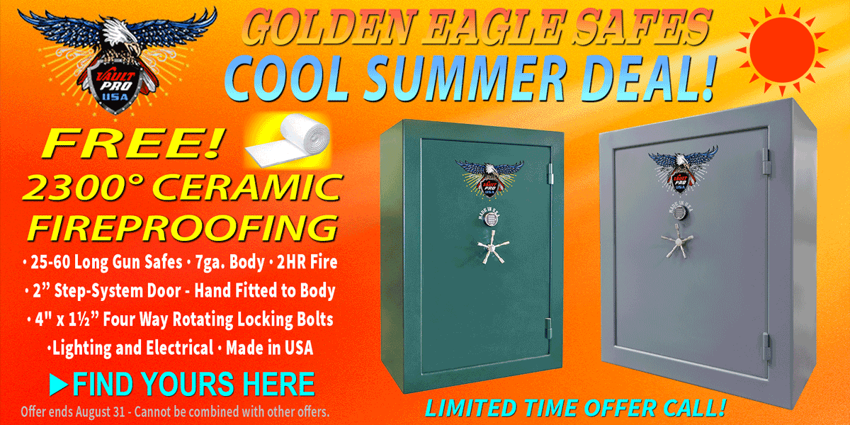 Free 2300 degree ceramic fire blanket upgrade on all Golden Eagle model safes from Vault Pro USA