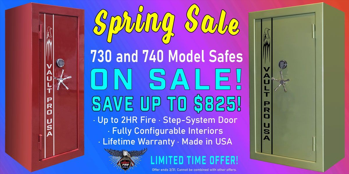 Advertisement for Vault Pro USA safes, spring sale on safes, text: