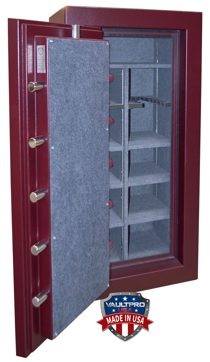 Red steel safe with open door revealing shelves, gray interior, and Vault Pro logo.