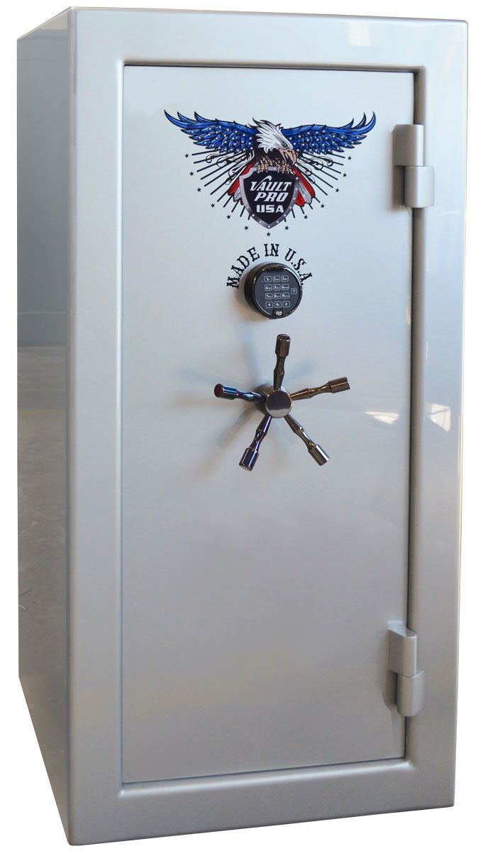 Image of American made gun safe. American Eagle AE-630 safe in premium dual stage silver metallic gloss finish.