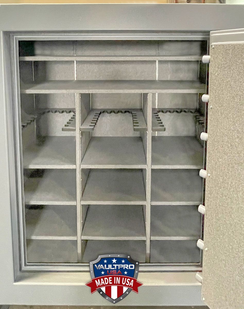 large safe interior with long gun racks and shelves