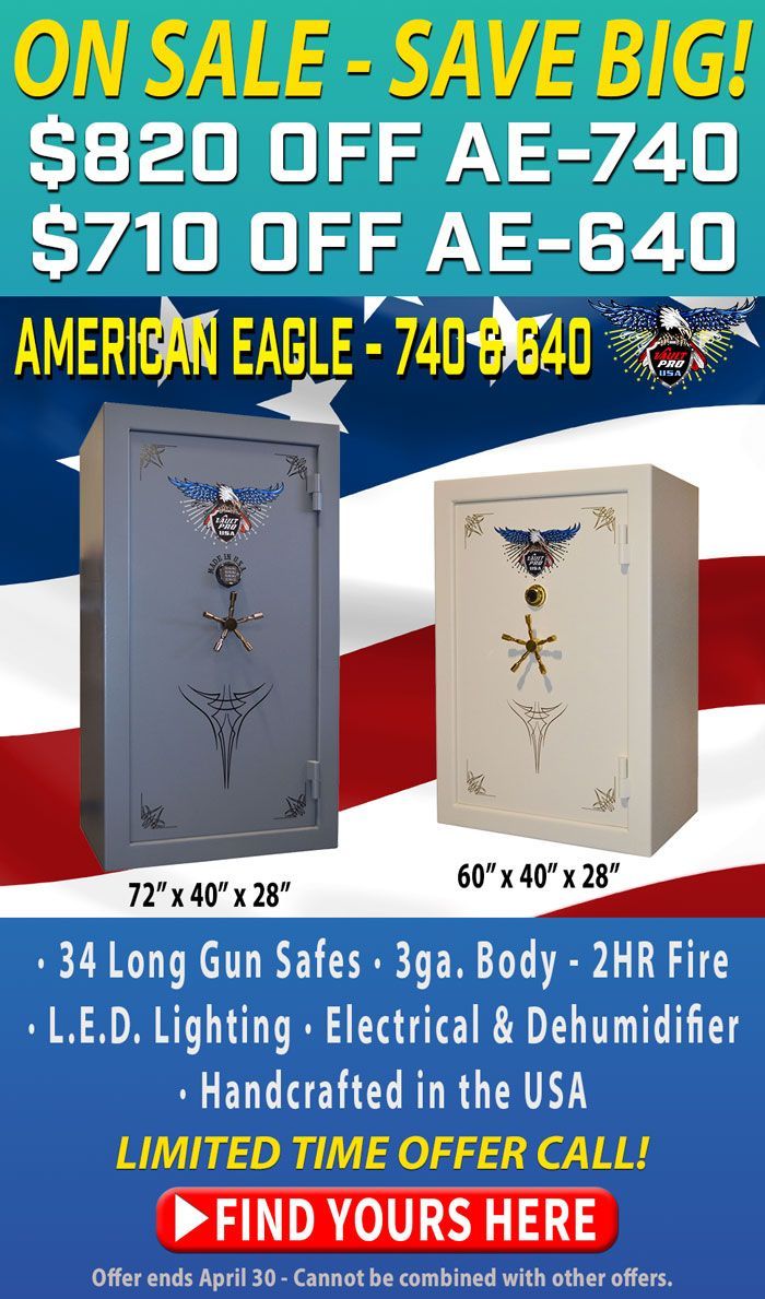 Advertisement for medium size and capacity American made safes on sale by Vault Pro USA