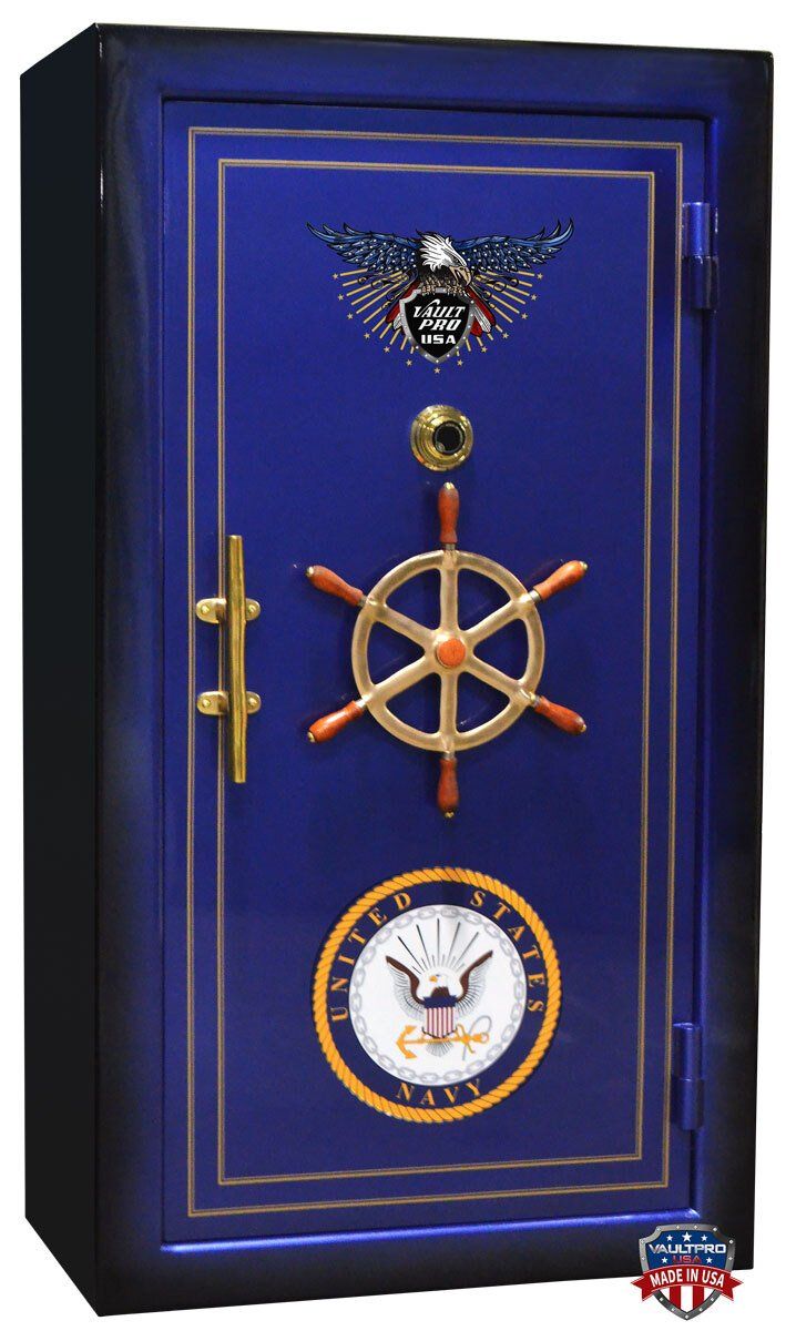 US Navy insignia on safe, plus ships wheel and cleat pull handle.