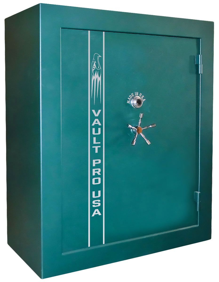 Image of big guns safe, SE-760 model from Vault Pro USA in matte green finish with silver pinstripe and matching hardware.