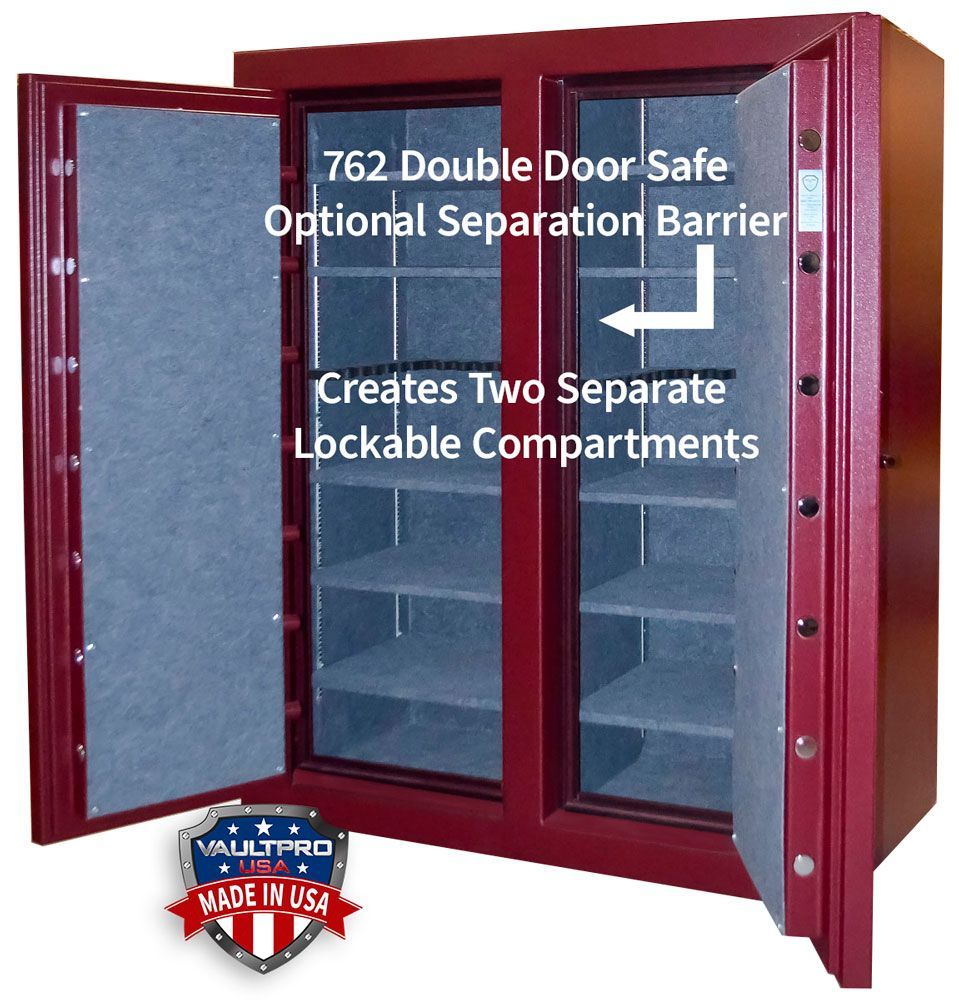 Double door safe with optional separation barrier creating two independent locking compartments. Vault Pro USA