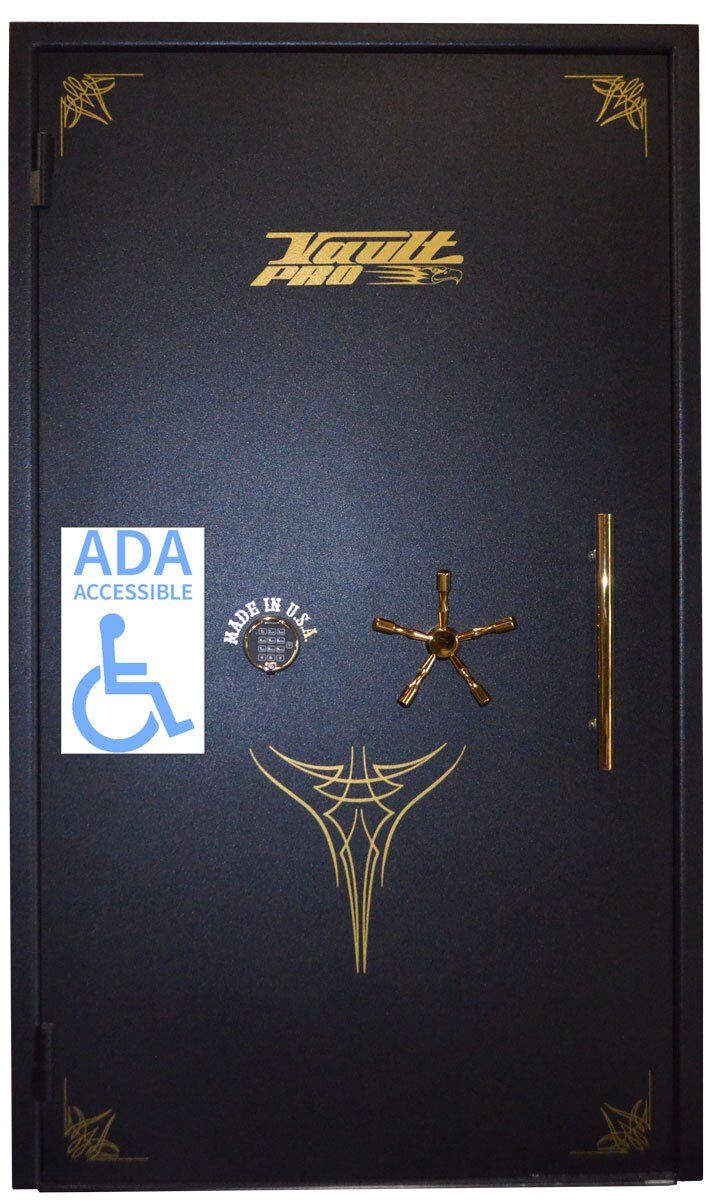 ADA compliant vault door with low profile lock and pull handle.