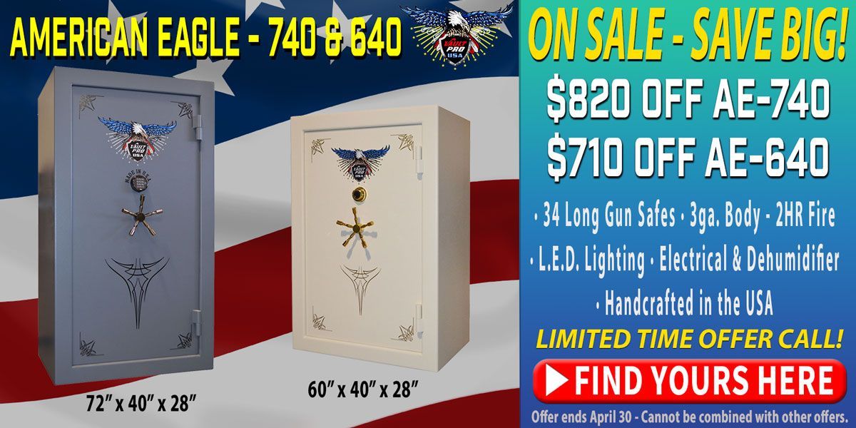Advertisment for Mid-size -medium capacity American made gun safes on sale by Vault Pro USA