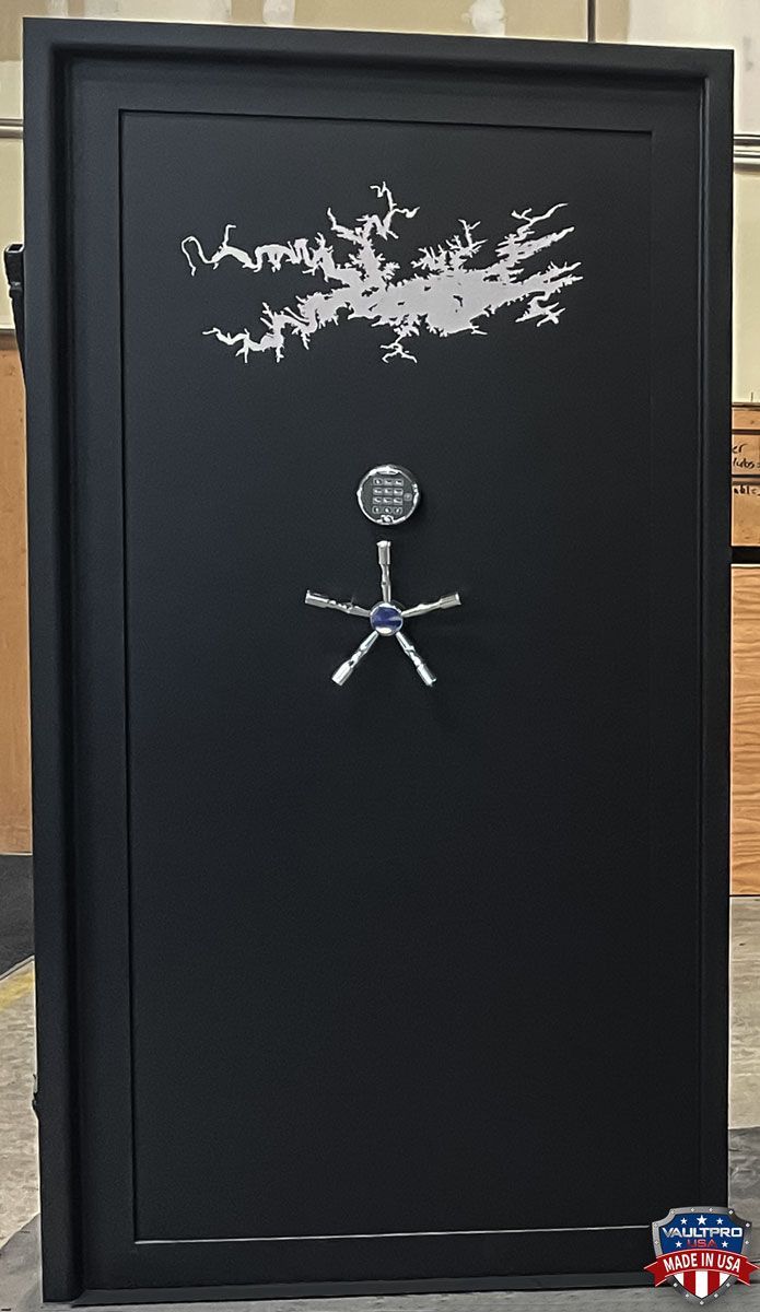 Elite vault door with inswing option. Matte black with custom art 