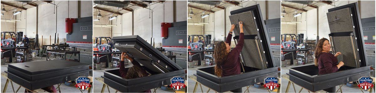 Emergency escape hatch with custom dual gas assisted shocks for easy opening and closing.