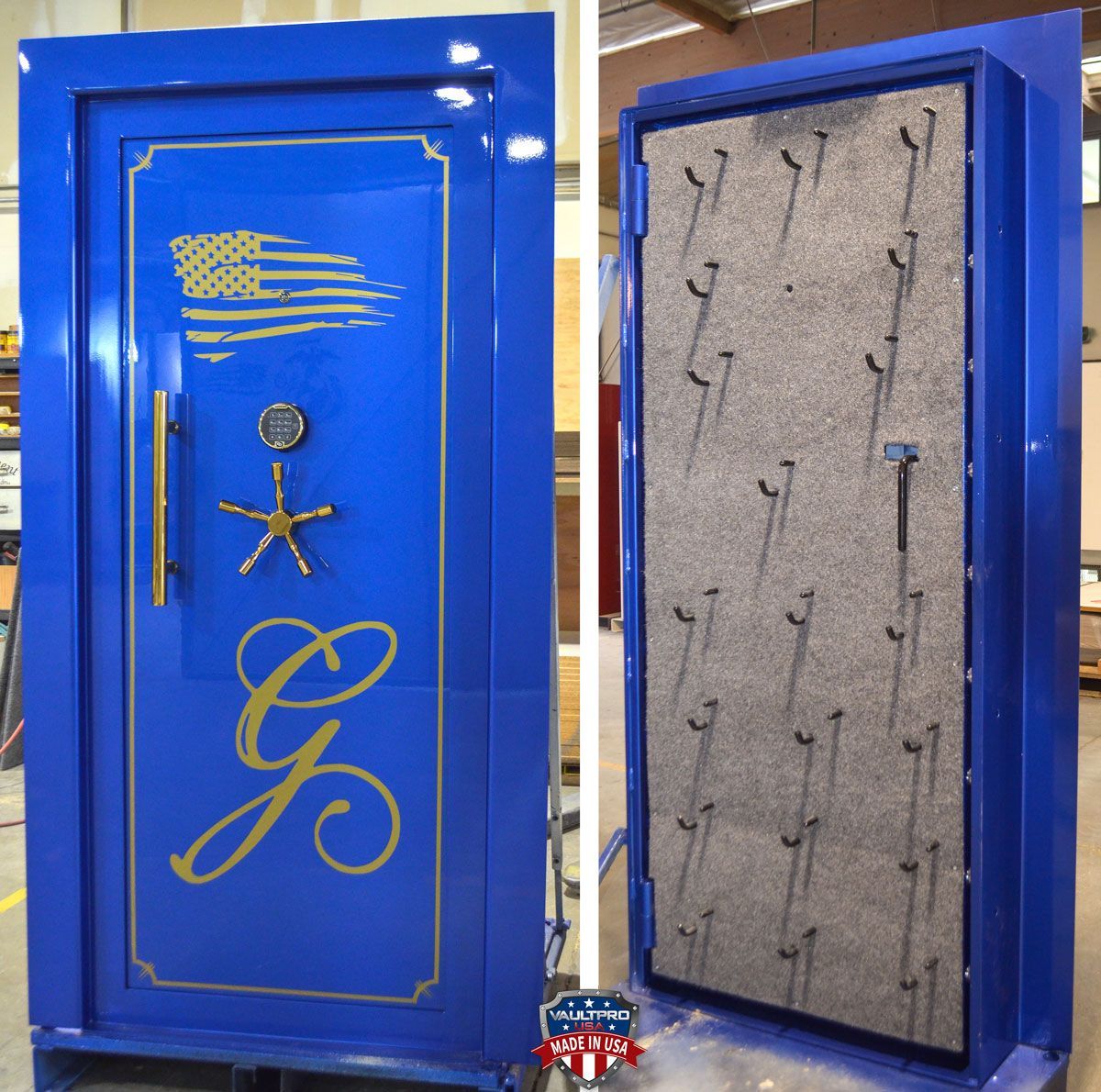 Custom American made vault door with Electric Blue gloss finish and pistol peg door backing made by Vault Pro USA