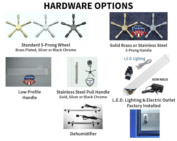 Hardware options graphic: Wheels, handles, lighting, and dehumidifier for a safe.