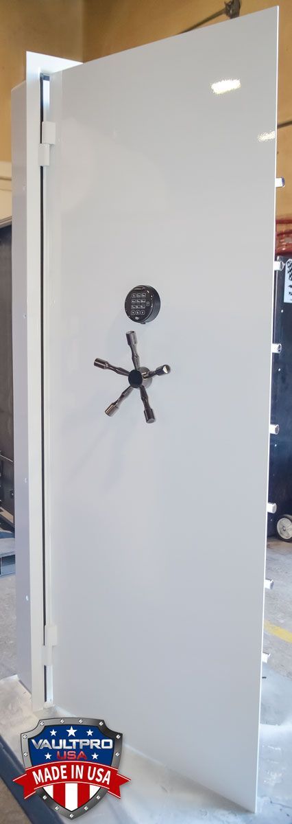 Image of Professional Series vault door finished in custon Diamond White gloss. Customer requested no pinstripe on door. We are custom vault door specialists - Vault Pro USA