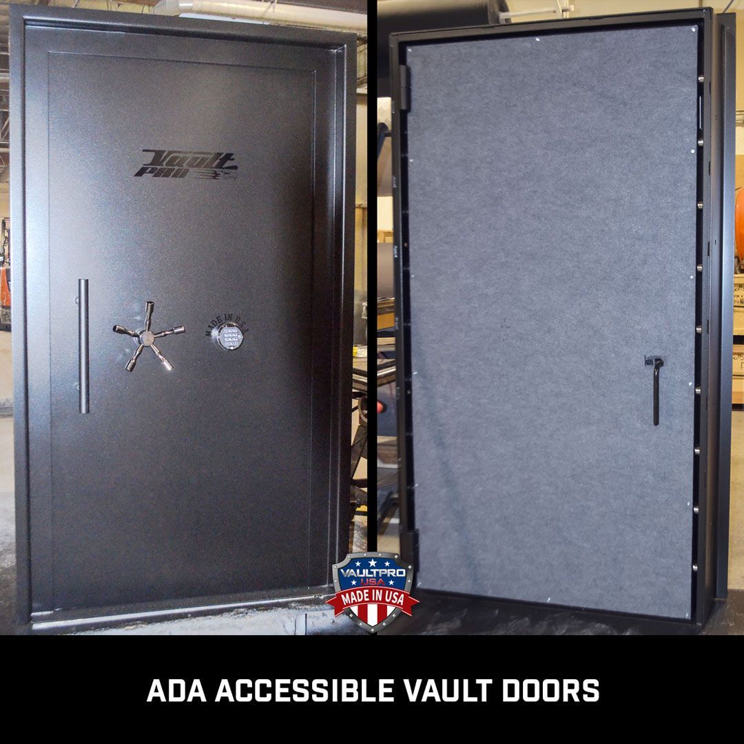 ADA accessible vault doors. This Elite model door is fitted with lowered handle and lock and optional pull handle. The interior quick release handle is also lowered and the threshold is flat for wheelchair access. All models of our vault doors can be made to ADA standards.