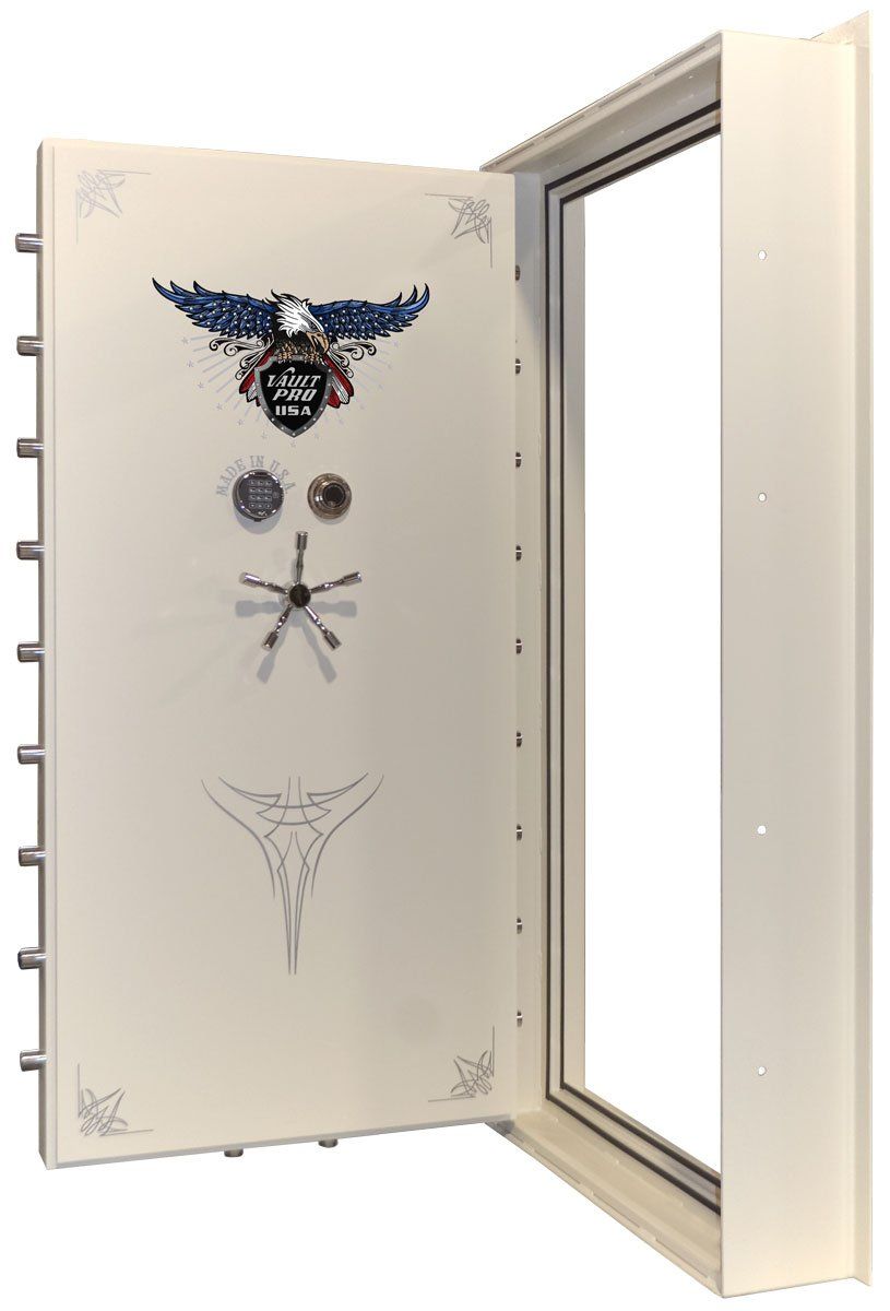 Heavy duty vault door inswing door with dual locks and new Vault Pro Eagle logo.