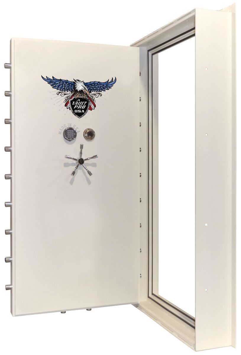 heavy duty vault door inswing type with dual locks and gloss white finish. All made in USA