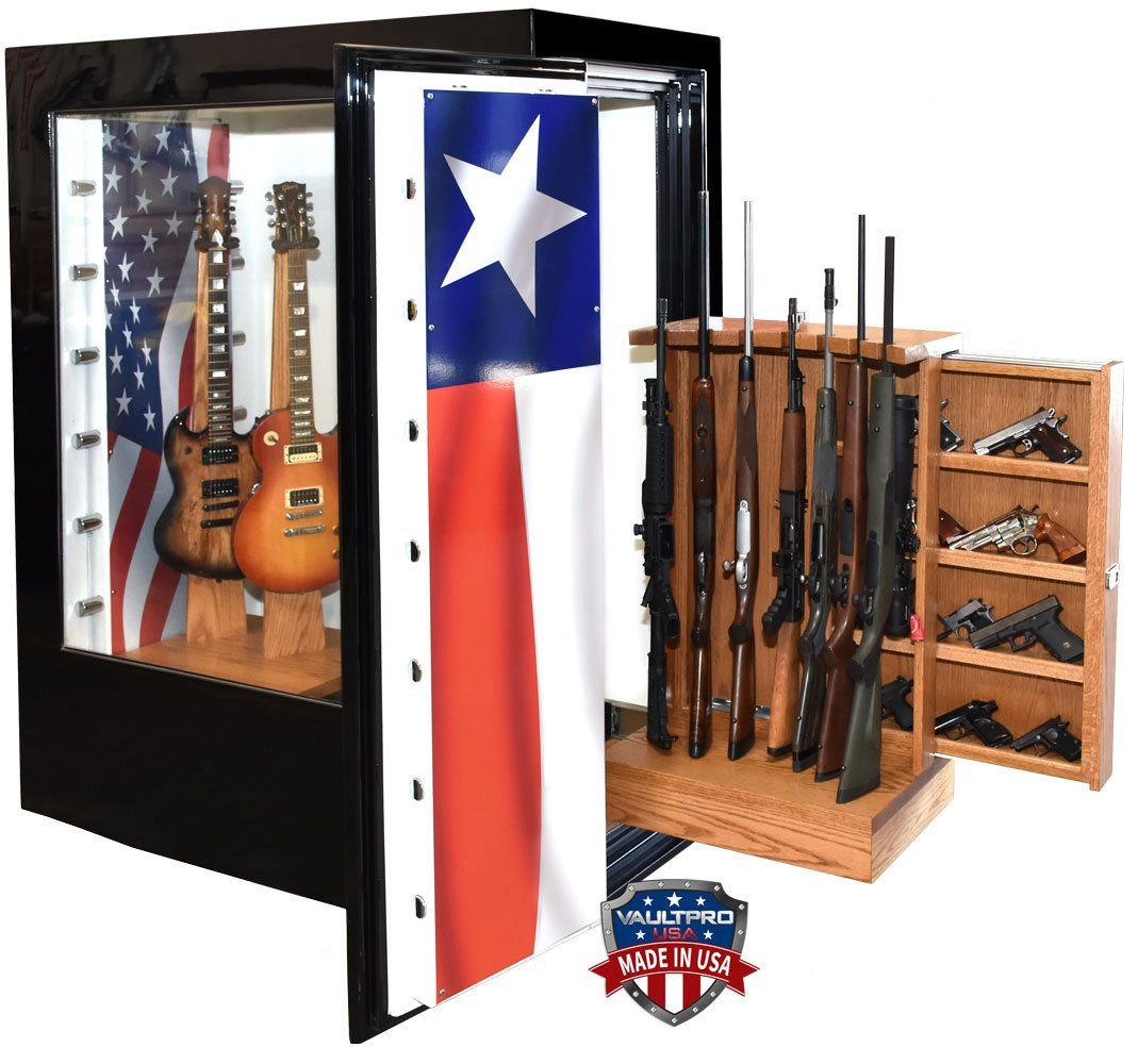 Display safe with slide out long gun and pistol racks