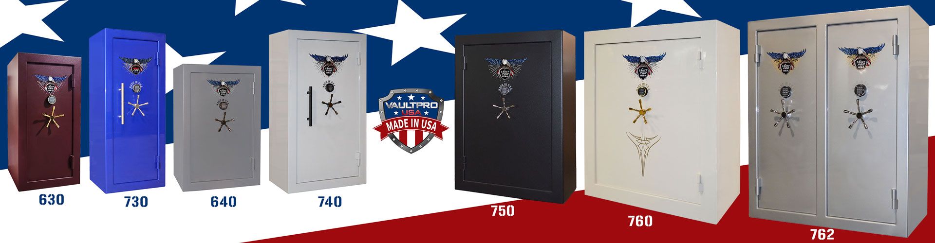 Images of safes, gun safes, gun vaults, made in America by Vault Pro USA. Buy American made safes