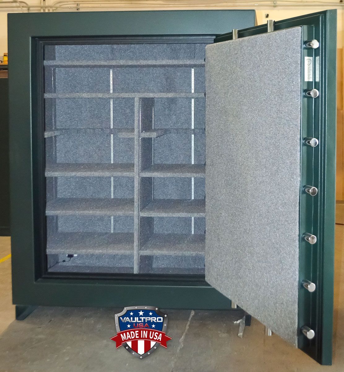 Green gun safe with open door, gray interior shelves, and “VaultPro Made in USA” logo.