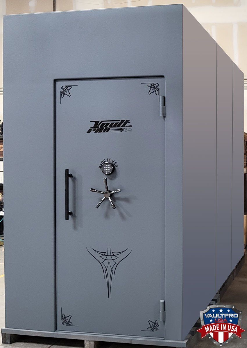 View of the shelter showing the modular sections and the full vault door in the closed position.