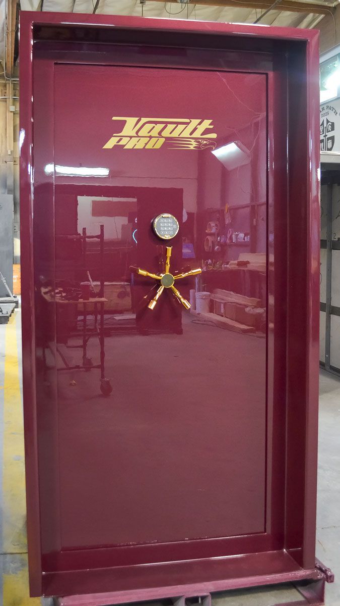Atlas inswing vault door finished in premium dual-stage Burgundy gloss finish.
