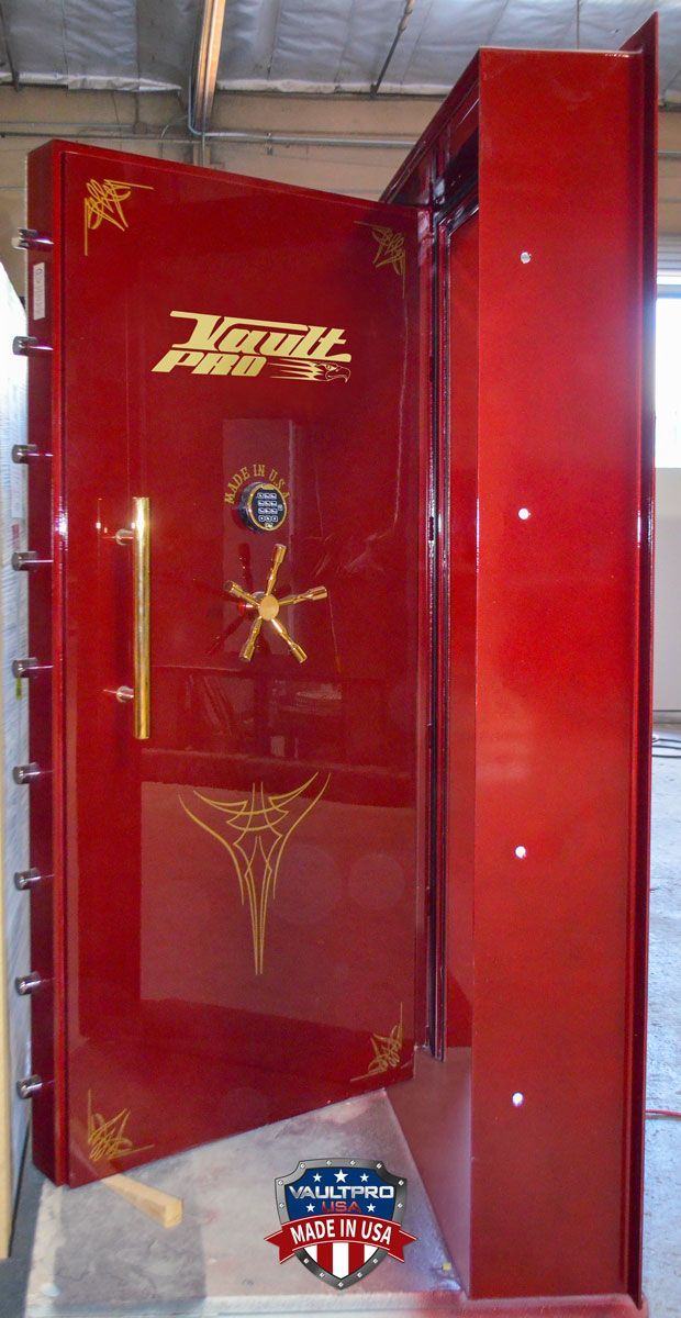 Custom Elite model vault door in Burgundy gloss finish by Vault Pro USA.