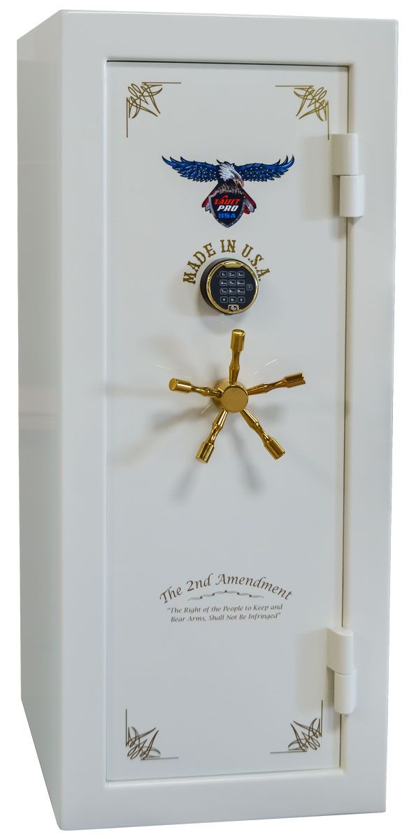 Custom mid size gun safe with optional Diamond White dual stage gloss finish and 2nd Amendment art,