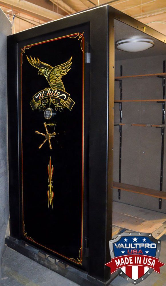 Custom art on vault door of walk in vault room.