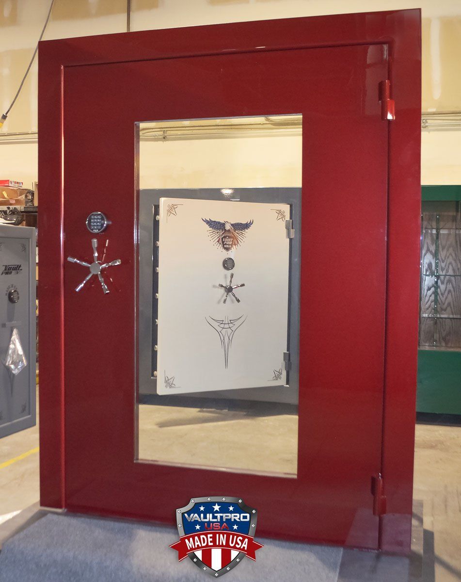 Custom Elite Series Door with level 1 ballistic resistant & 1 hour fireproof glass insert. Finished in Red Fire Pearl gloss.