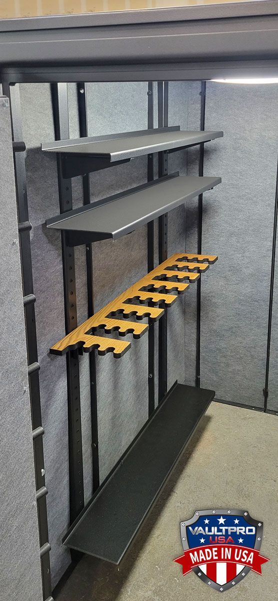 Gun racks and heavy duty fully adjustable steel shelves for heavy loads.