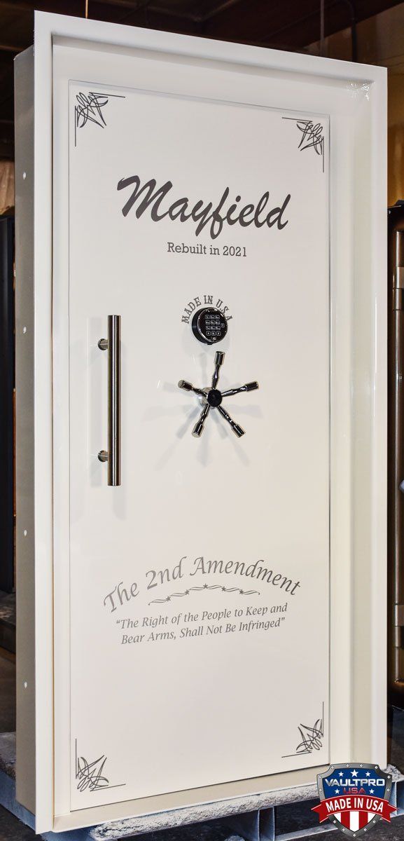 Custom Elite series vault door with custom text and 2nd Amendment inscription. White gloss finish and optional digital lock and pull handle.
