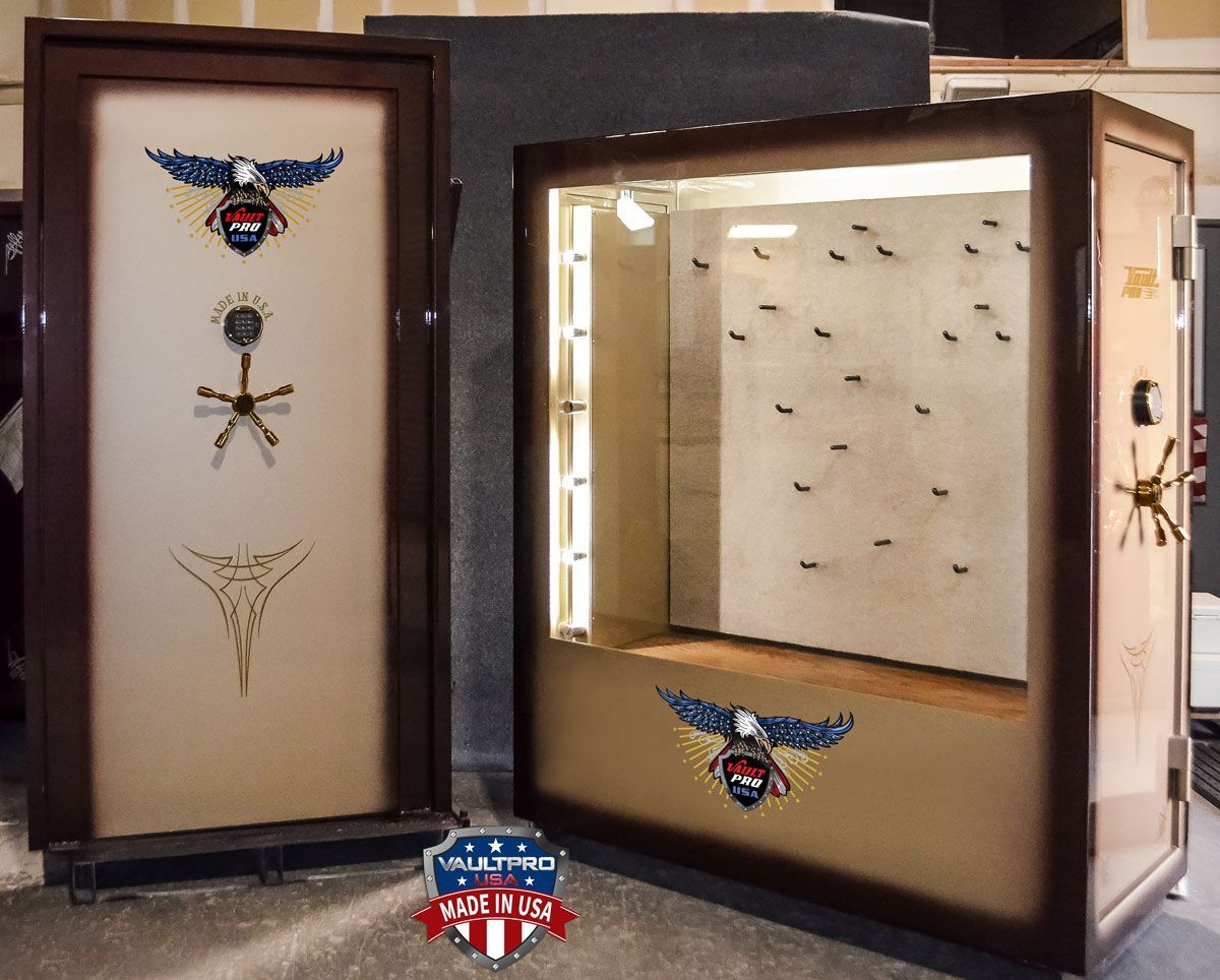 Matched custom vault door and ballistic resistant display safe, finished in Champagne to Root Beer custom gloss fade.