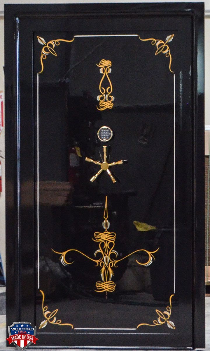 Custom vault door with premium gloss black finish and hand-painted pinstripe art.