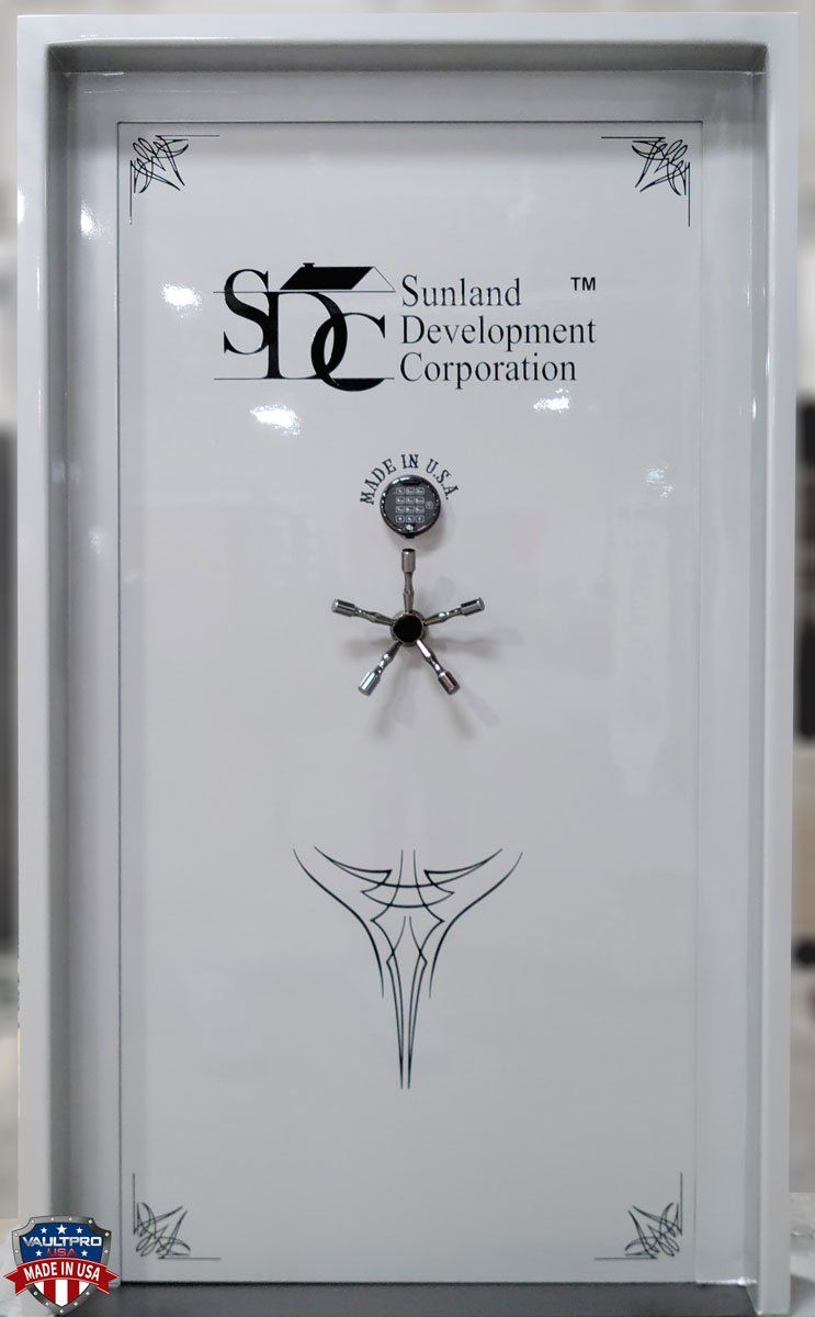 Inswing vault door in gloss gray finish with corporate logo