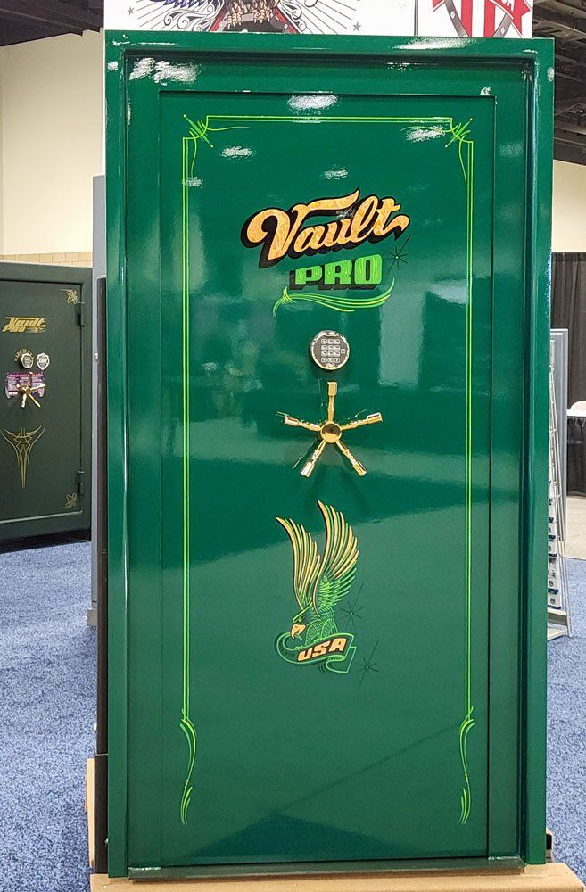 Custom vault door in gloss green finish with custom hand painted art made in USA by Vault Pro