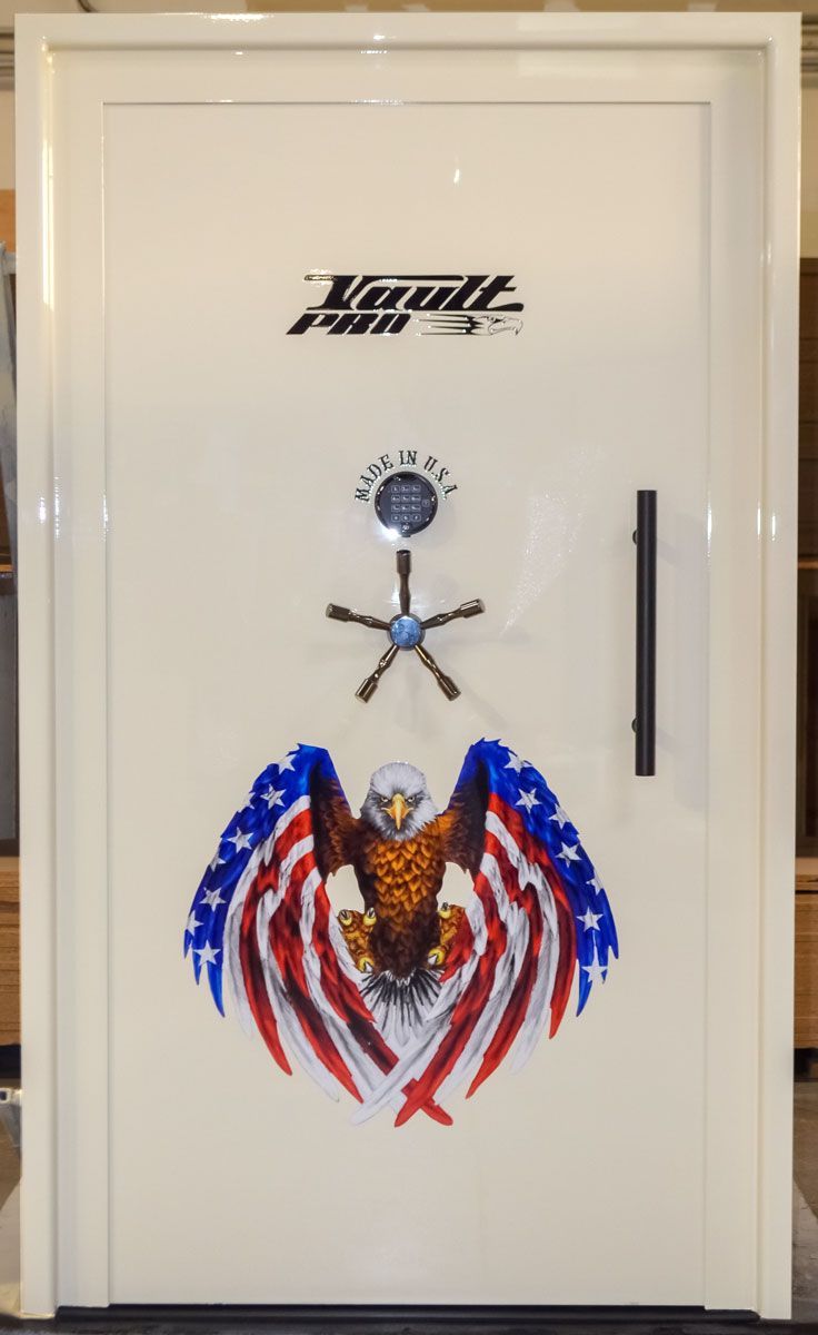 Vault door with custom gloss finish and eagle art.