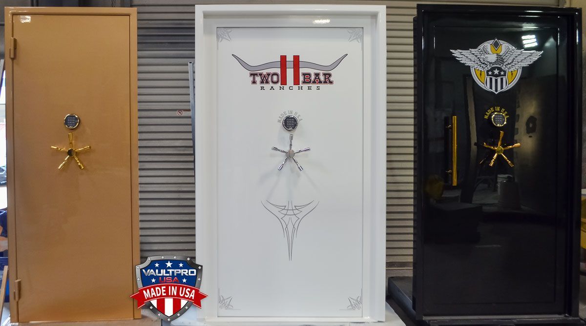 Three custom vault doors by Vault Pro USA. Bronze Gold premium dual stage gloss finish on the left and custom logos on the other two doors.