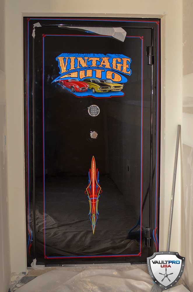 The Custom Finished and Hand Painted Vault Door fits perfectly, and awaits final installation of the hardware.