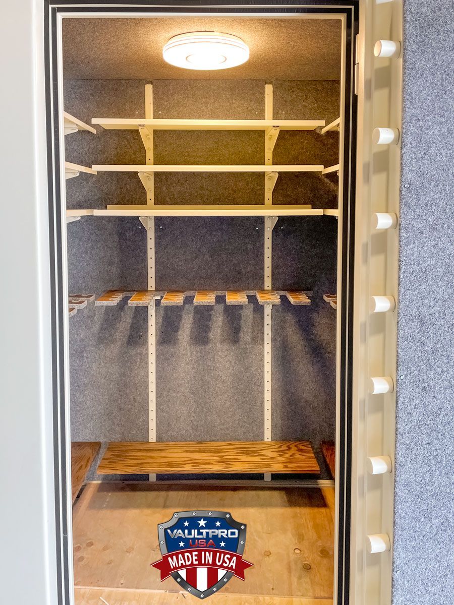 Adjustable Gun racks and heavy duty steel shelves for secure storage of heavy objects.