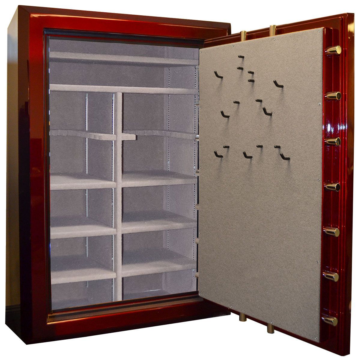 45 gun safe interior with long gun racks and shelves.