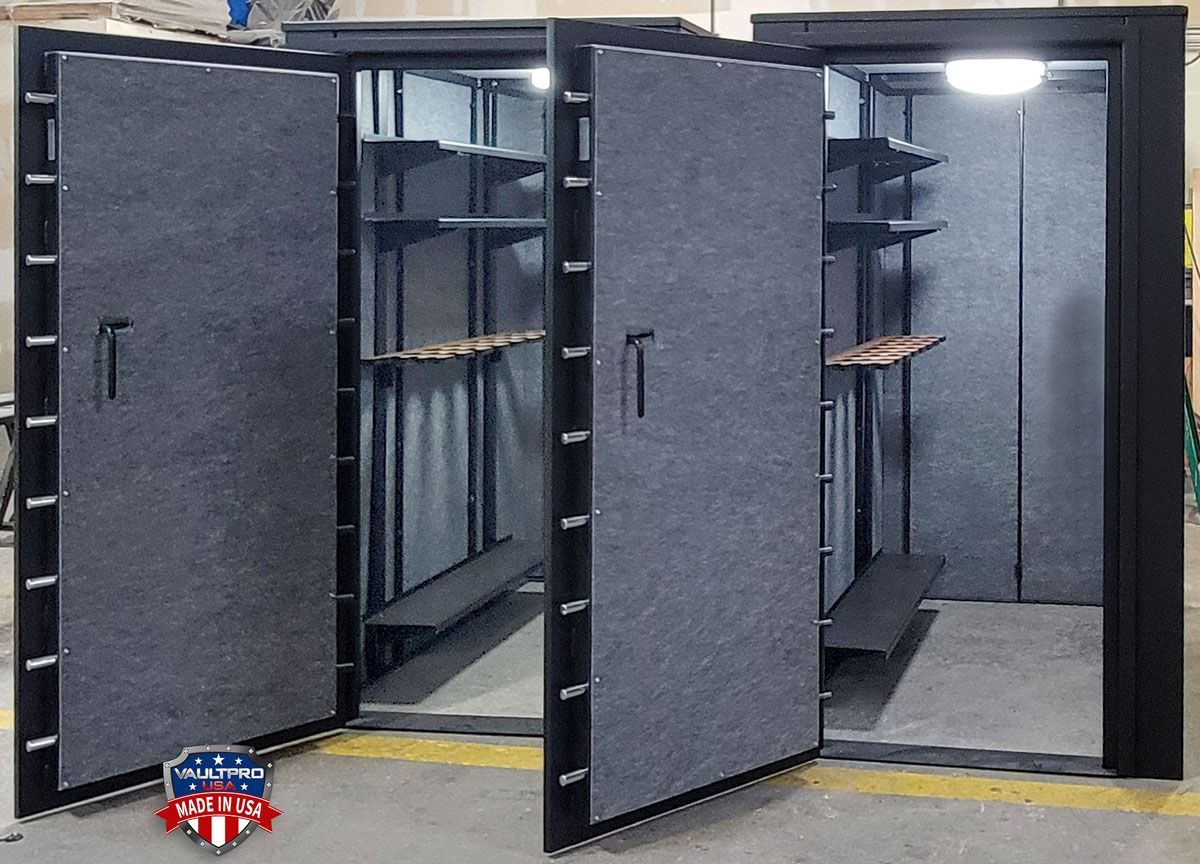 Dual Walk-in vaults with gun racks, shelves, lighting and electrical.